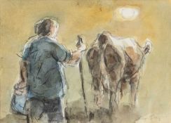 ‡ WILLIAM SELWYN watercolour and pencil - farmer and cow at sunrise, signed, 14 x 20cms
