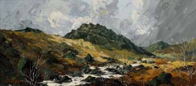 ‡ CHARLES WYATT WARREN oil on board - Eryri (Snowdonia) mountain range with stream and silver