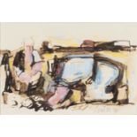‡ WILL ROBERTS mixed media - workers in a field, signed and dated '95, 23 x 34cms Provenance: