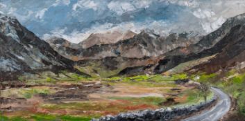 ‡ GWYN ROBERTS oil on canvas - entitled verso, 'Hen Ffordd Nant Ffrancon', signed with initials,