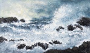 ‡ WILF ROBERTS oil on canvas - entitled verso 'Storm at Trearddur, 2007', signed and dated 2007,