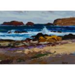 ‡ DONALD MCINTYRE oil on board - entitled verso, 'Sea and Rocks Iona' signed with initials, 20 x