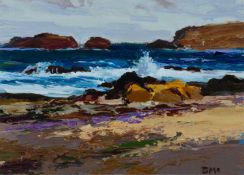 ‡ DONALD MCINTYRE oil on board - entitled verso, 'Sea and Rocks Iona' signed with initials, 20 x
