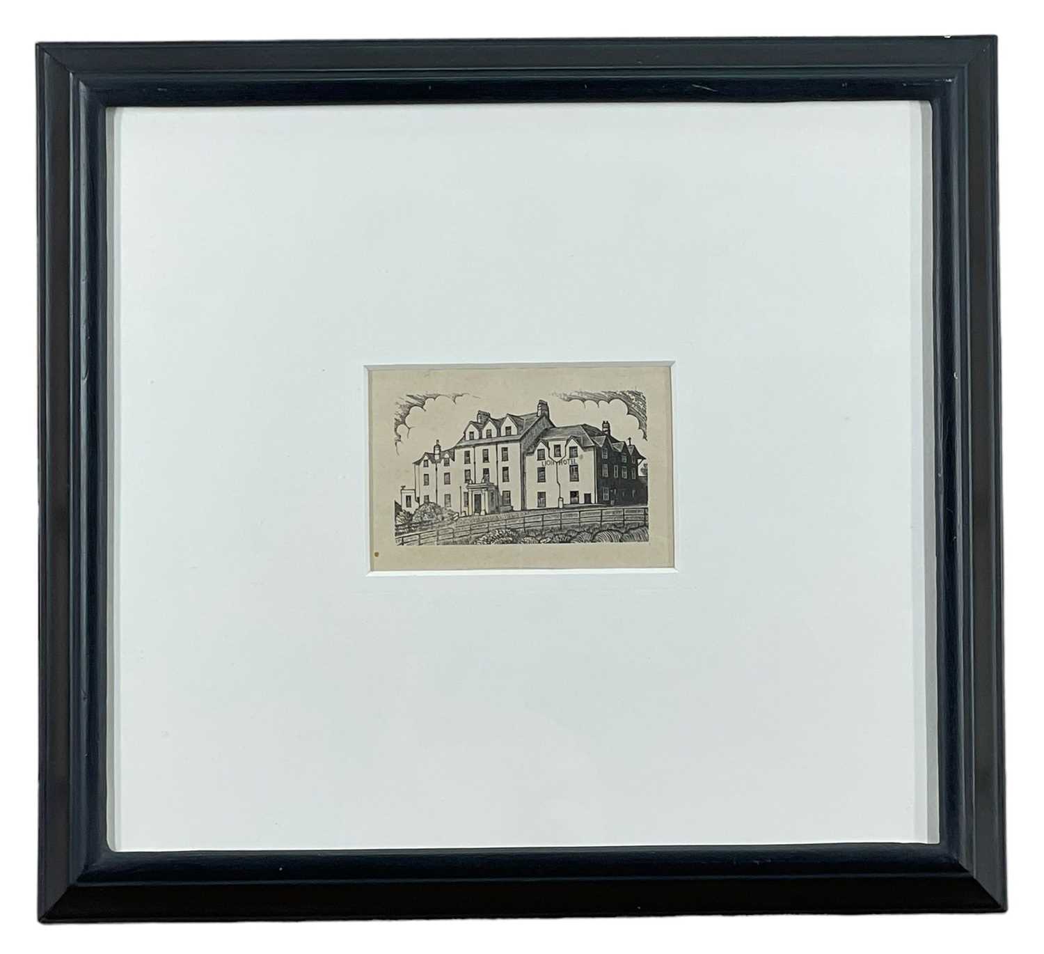 ‡ JOHN PETTS wood engraving - entitled verso on Martin Tinney Gallery label 'Lion Hotel, Criccieth', - Image 2 of 2