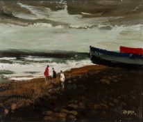 ‡ DONALD McINTYRE oil on board - figures on shoreline with fishing boats, signed with initials, 25 x