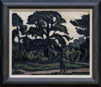 ‡ SIR KYFFIN WILLIAMS RA oil on canvas - London landscape with figure walking amongst trees,