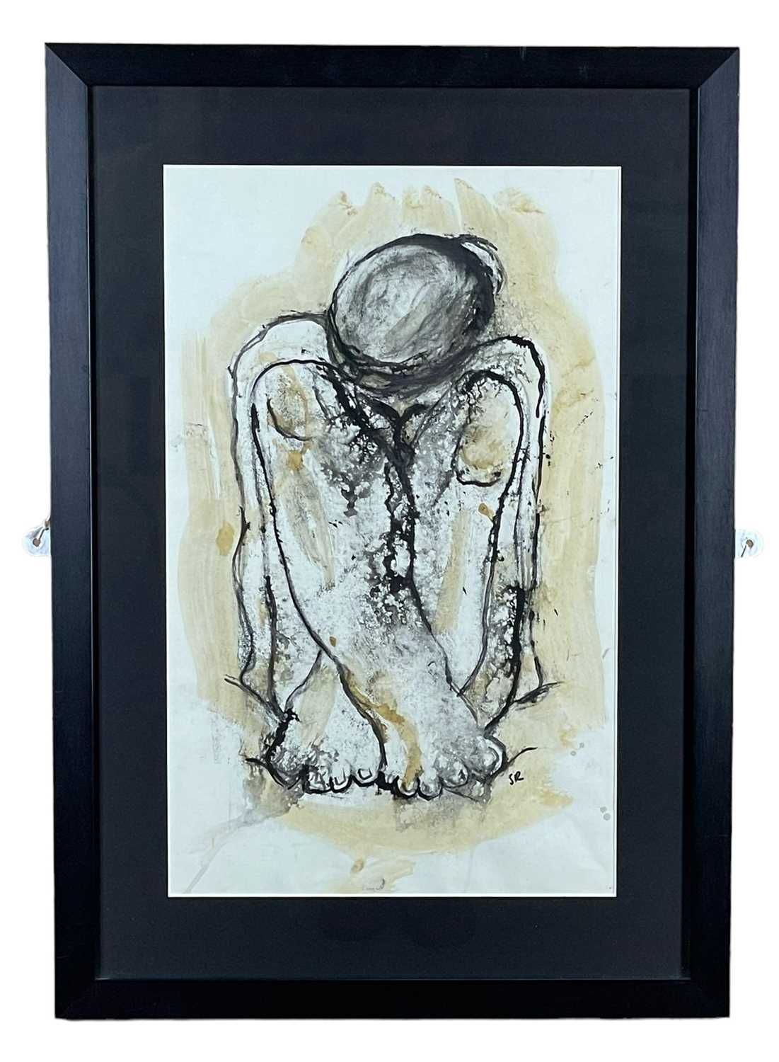 ‡ SUE ROBERTS monoprint with wash - entitled verso 'Sitting Woman I', signed with initials, 49 x - Image 2 of 3