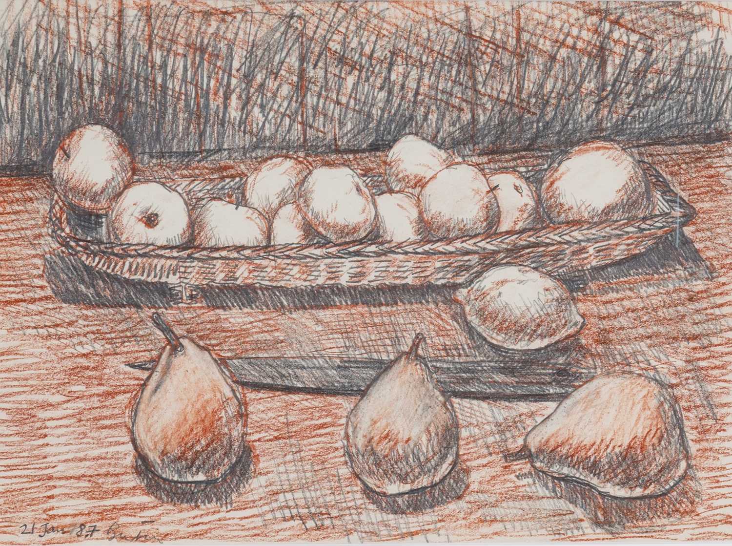 ‡ CHARLES BURTON pastel and pencil - still life of fruit, signed and dated 21 January 1987, 26 x