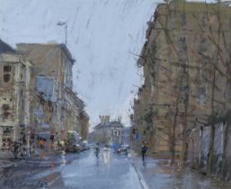 ‡ PETER BROWN mixed media - Cardiff scene, entitled verso, 'Bute Street' on Albany Gallery label,