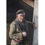 ‡ KEITH BOWEN large oil on canvas - half portrait of a countryman, entitled verso 'The Stable