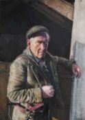 ‡ KEITH BOWEN large oil on canvas - half portrait of a countryman, entitled verso 'The Stable