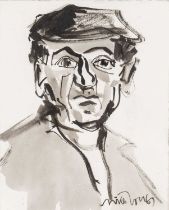 ‡ MIKE JONES ink on paper - portrait of a man wearing a flat cap, signed, 23 x 18cms Provenance: