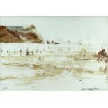 ‡ JOHN KNAPP-FISHER watercolour and pen - figures on a beach with sailing boat at sea, entitled