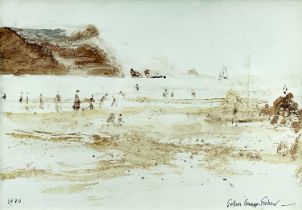 ‡ JOHN KNAPP-FISHER watercolour and pen - figures on a beach with sailing boat at sea, entitled