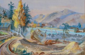 ‡ RAY HOWARD JONES gouache - entitled verso on The Alma Gallery, Bristol label 'Welsh Landscape',