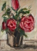 ‡ MIKE JONES oil on board - still-life, red roses, signed, 30 x 22cms Provenance: private collection