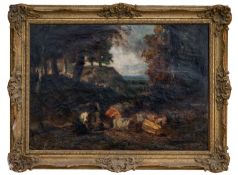 MANNER OF SIR FRANK BRANGWYN RA (1882-1960) oil on canvas - wood cutters in a landscape, 50 x