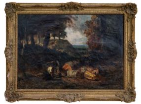 MANNER OF SIR FRANK BRANGWYN RA (1882-1960) oil on canvas - wood cutters in a landscape, 50 x