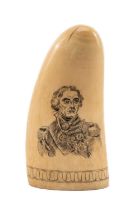 SCRIMSHAW WHALE TOOTH, carved and stained with half length portrait of Admiral Lord Nelson