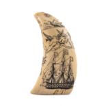 SCRIMSHAW WHALE TOOTH, carved and stained with 4 vignettes of ponies swimming, H.M.S. Victory