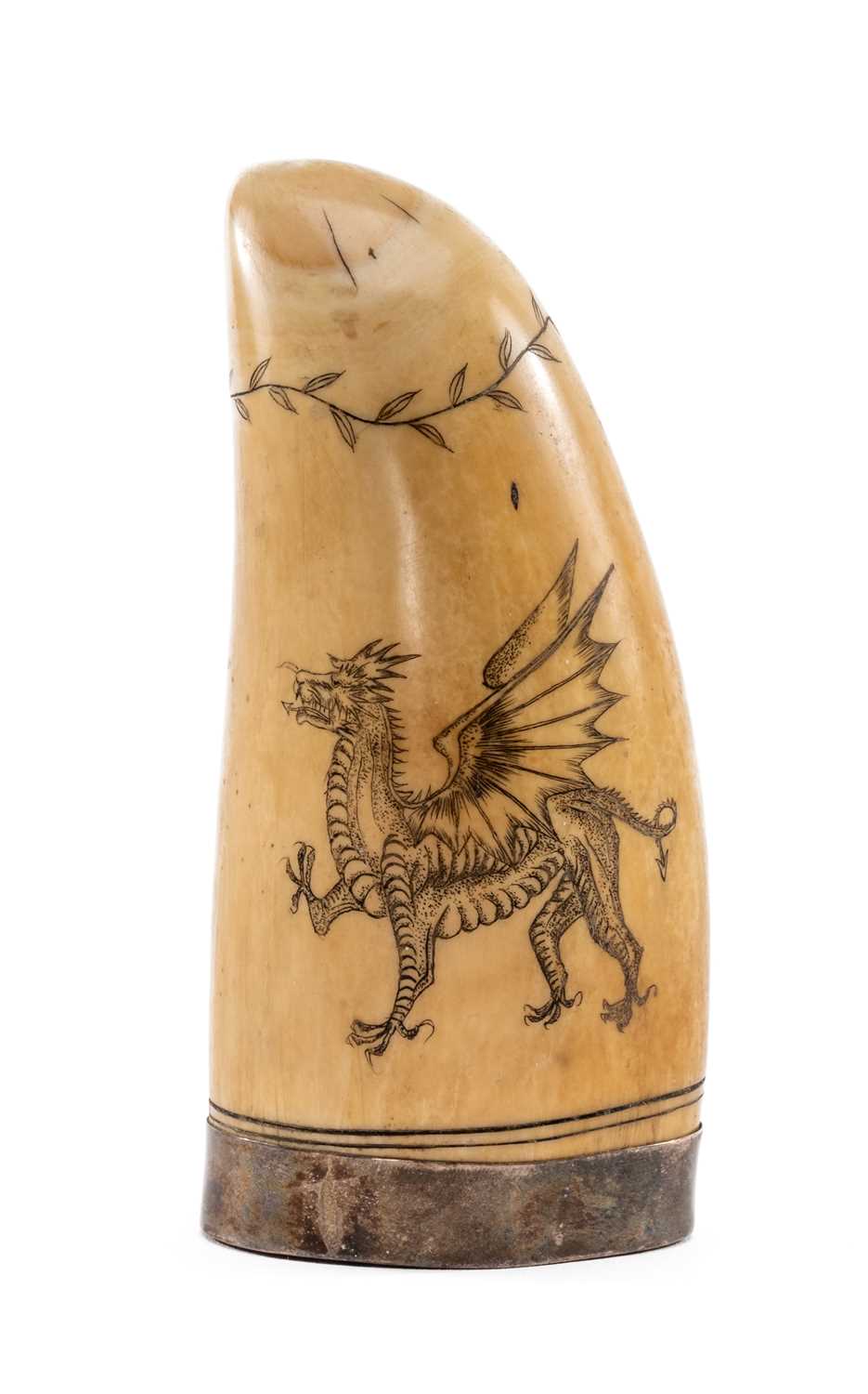 SCRIMSHAW WHALE TOOTH, carved and stained with Welsh dragon reversed with Prince of Wales