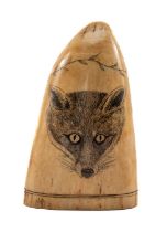 SCRIMSHAW WHALE TOOTH, carved and stained with a fox mask, reversed with hunting horn and whip, line