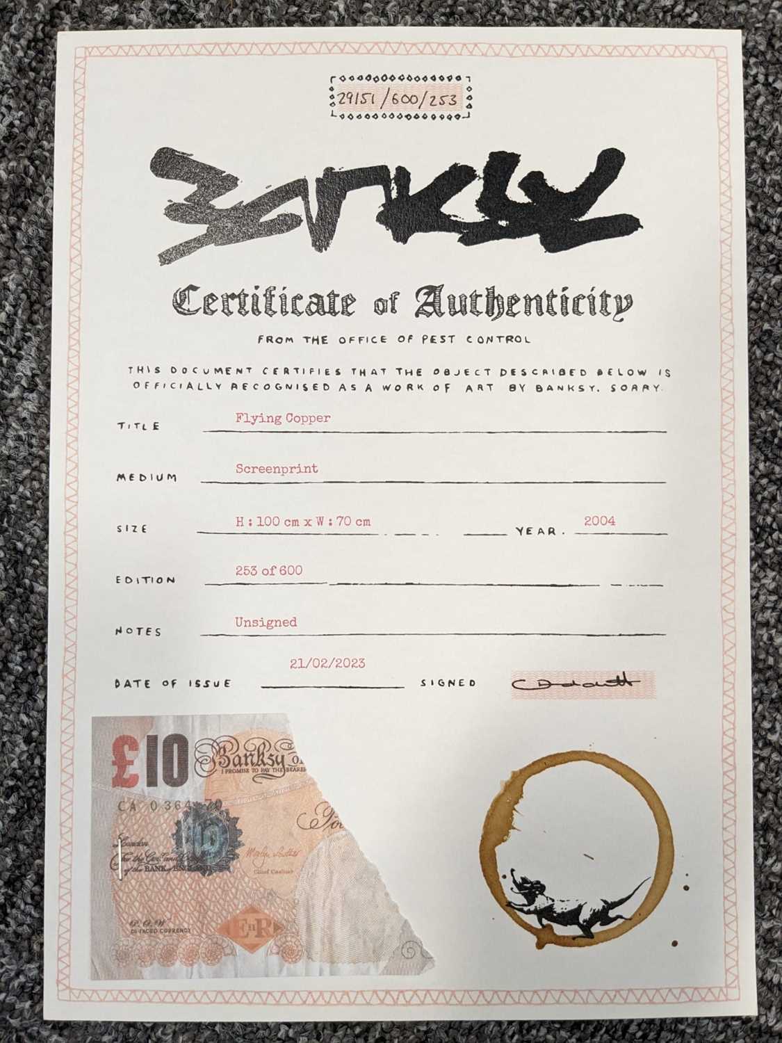 ‡ BANKSY (b.1974) limited edition (253/600) screenprint - Flying Copper, 2004, unsigned, 100 x 70cms - Image 2 of 3
