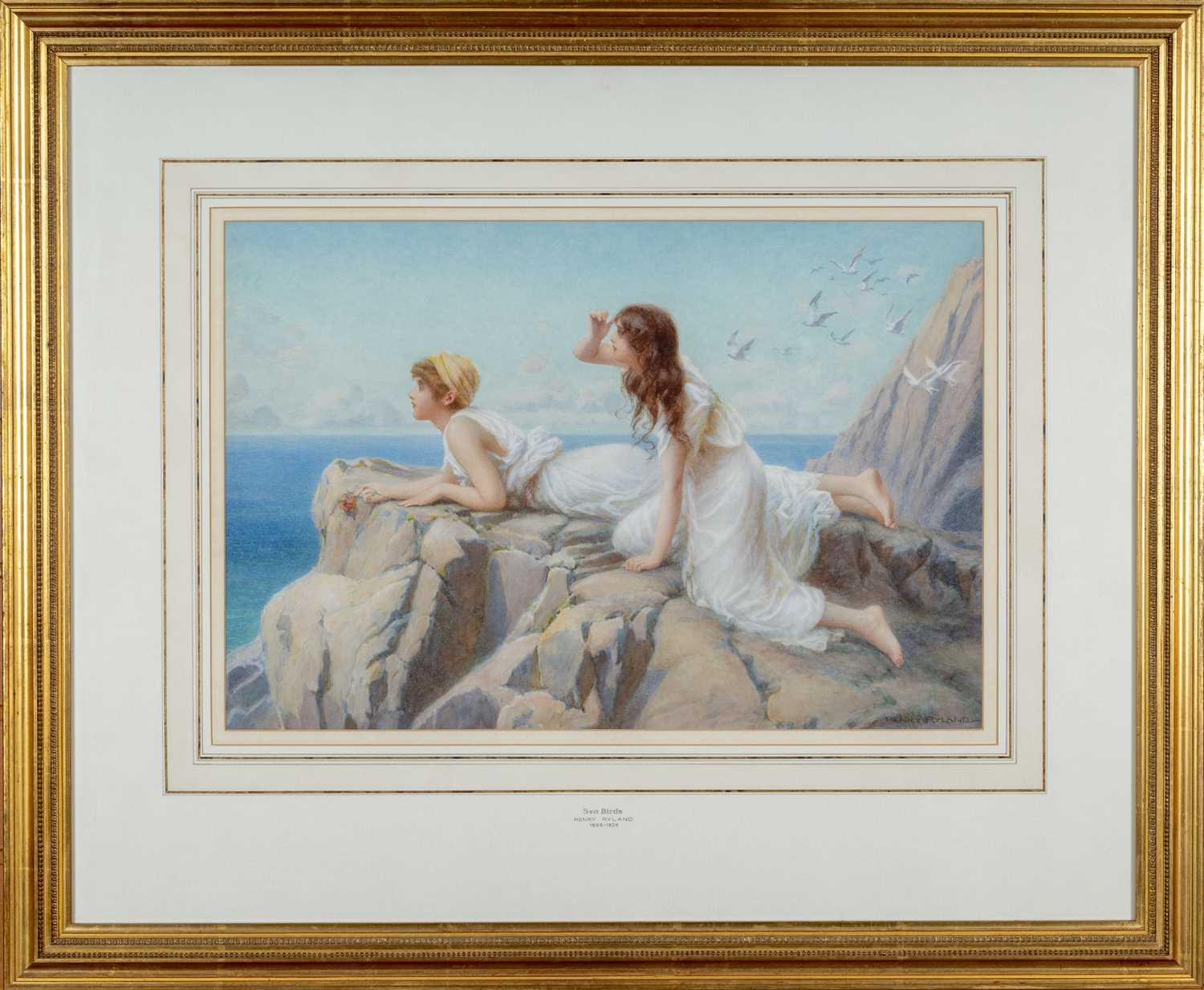 HENRY RYLAND (1856-1924) watercolour - On the Cliffs, two youths in classical robes looking to sea