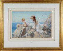 HENRY RYLAND (1856-1924) watercolour - On the Cliffs, two youths in classical robes looking to sea