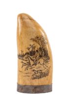 SCRIMSHAW WHALE TOOTH, carved and stained with mounted huntsman and hounds reversed with hounds