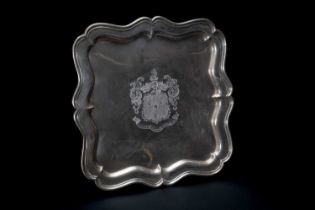 EDWARD VII SILVER ARMORIAL SALVER, William Comyns & Sons, London 1908, shaped square form, centre