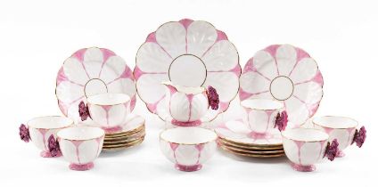 RARE AYNSLEY BONE CHINA 'BUTTERFLY' PART TEA SERVICE, pink and white with butterfly handles,