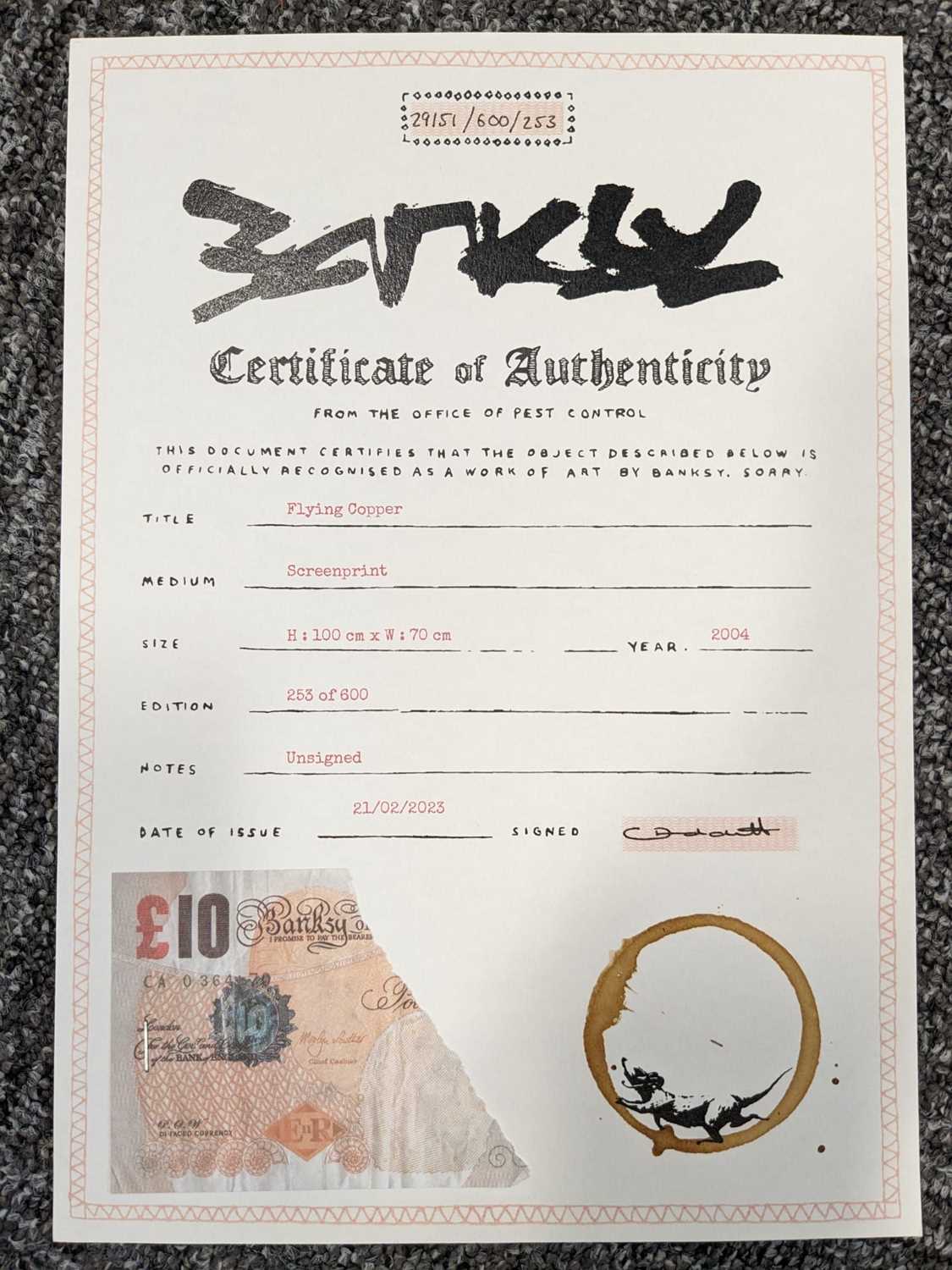 ‡ BANKSY (b.1974) limited edition (253/600) screenprint - Flying Copper, 2004, unsigned, 100 x 70cms - Image 3 of 3