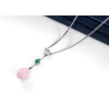 18CT WHITE GOLD DIAMOND, EMERALD & CORAL DROP PENDANT, the single diamond measuring 0.3cts