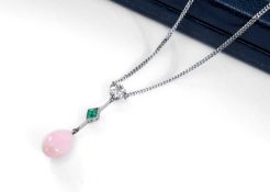 18CT WHITE GOLD DIAMOND, EMERALD & CORAL DROP PENDANT, the single diamond measuring 0.3cts