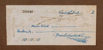 CHARLES DICKENS FRSA (1812-1870) - an autographed bank cheque signed with usual flourish in bright