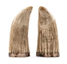 PAIR SCRIMSHAW WHALE TEETH, carved and stained with whale fluke and tall ship, titled verso 'Moby-