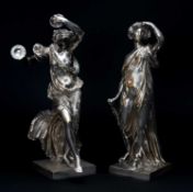 PAIR OF LATE 19TH CENTURY FRENCH FIGURAL TABLE ORNAMENTS, L. Oudry et Cie., electroplated bronze,