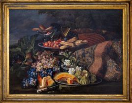 18TH CENTURY DUTCH SCHOOL oil on canvas - still life of fruit, wine glasses, lute and Turkish