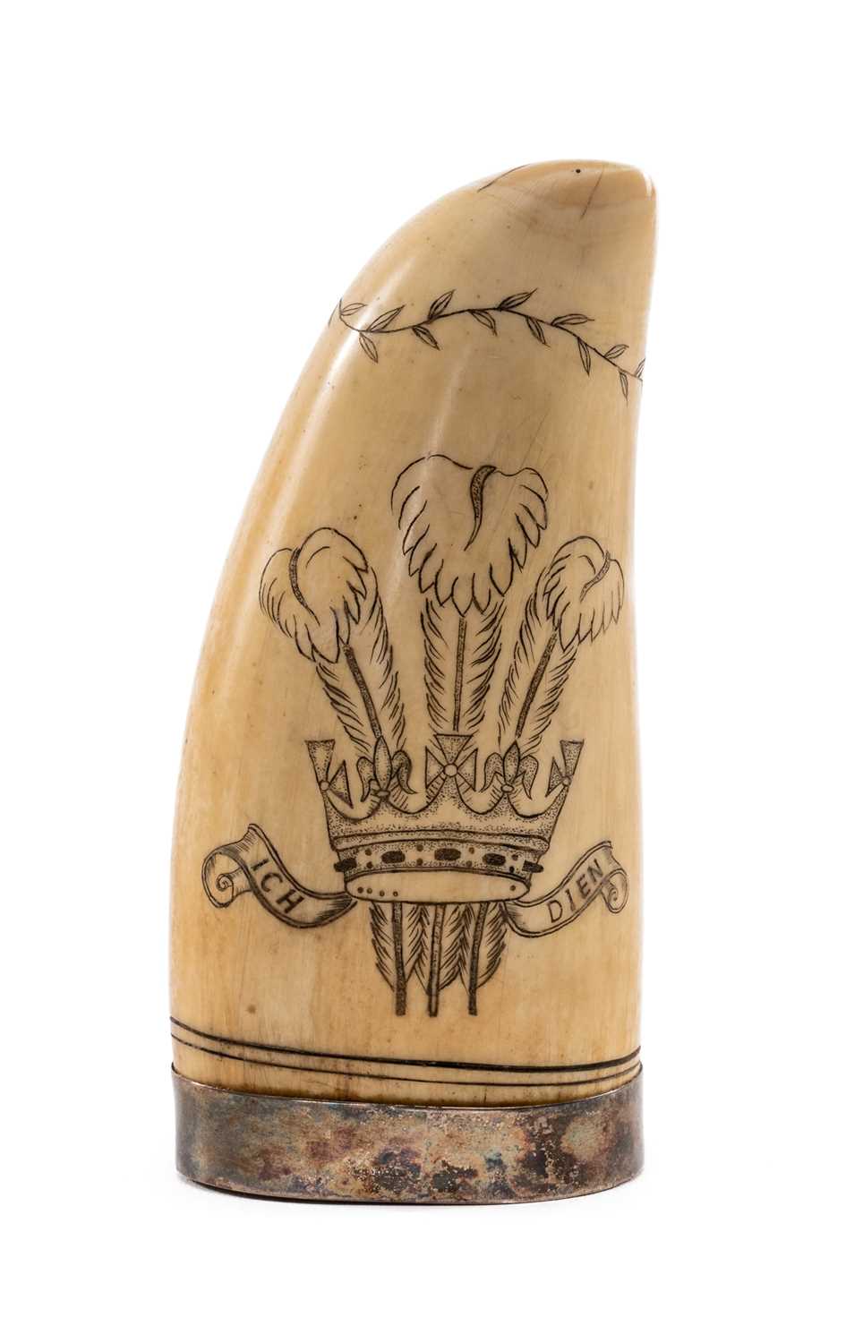SCRIMSHAW WHALE TOOTH, carved and stained with Welsh dragon reversed with Prince of Wales - Image 2 of 2