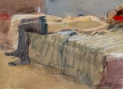 KEN HOWARD OBE RA (1932-2022) watercolour and bodycolour – semi nude woman reclining on a bed,