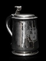 GEORGE II SILVER LIDDED TANKARD, George Wickes, London 1728, tapering cylindrical form on a