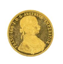 AUSTRIAN GOLD 4 DUCAT COIN, 1915, restrike, laureate head of Emperor Franz Joseph I to obverse,