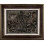 ANTIQUE STUMPWORK PANEL believed to be depicting King Charles I and attendants amongst animals,