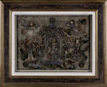 ANTIQUE STUMPWORK PANEL believed to be depicting King Charles I and attendants amongst animals,