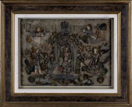 ANTIQUE STUMPWORK PANEL believed to be depicting King Charles I and attendants amongst animals,