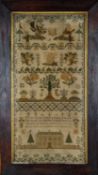 EARLY VICTORIAN NEEDLEWORK SAMPLER, by Susannah Terrington aged 10, dated 1842, decorated with