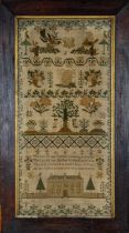 EARLY VICTORIAN NEEDLEWORK SAMPLER, by Susannah Terrington aged 10, dated 1842, decorated with