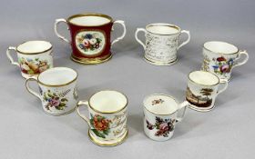 EIGHT PORCELAIN MID-19TH CENTURY LOVING CUPS & MUGS, some inscribed with names, dates and places