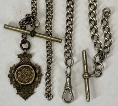TWO SILVER CURB LINK ALBERTS, one with T-bar and clip, 32.5cms L, the other with chased decorated